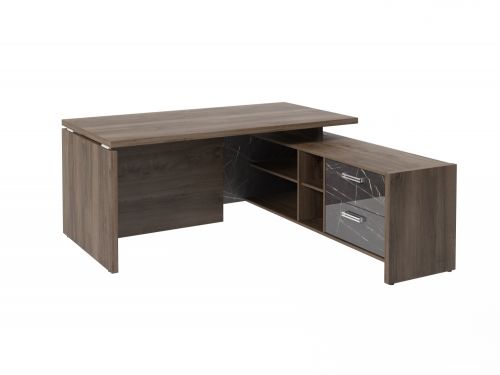 Стол руководителя с опорной тумбой Festus FI-117R.GG 1800x1700x750 (Орех Пацифик Табак/Камень Пьетра Гриджиа черный)